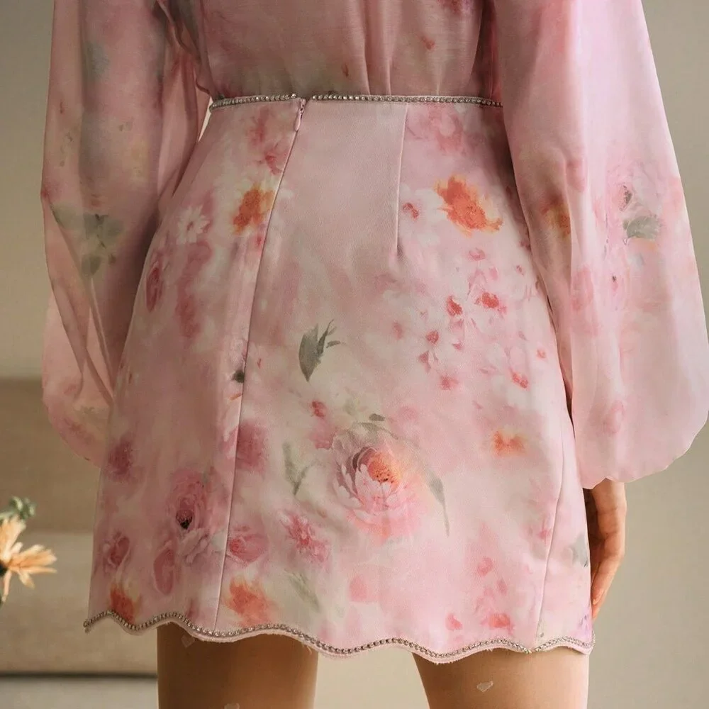 Multicolor Boho Women's Floral Print High Waist Skirt with Pearls & Rhinestones - Picture 5 of 7